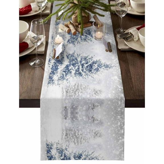 Christmas Table Runner Blue Xmas Tree Snowflake Table Runners Winter Snowy Forest Cotton Linen Dresser Scarf Kitchen Dining Table Decor for Christmas Holiday Party Decor 13x36 Inch