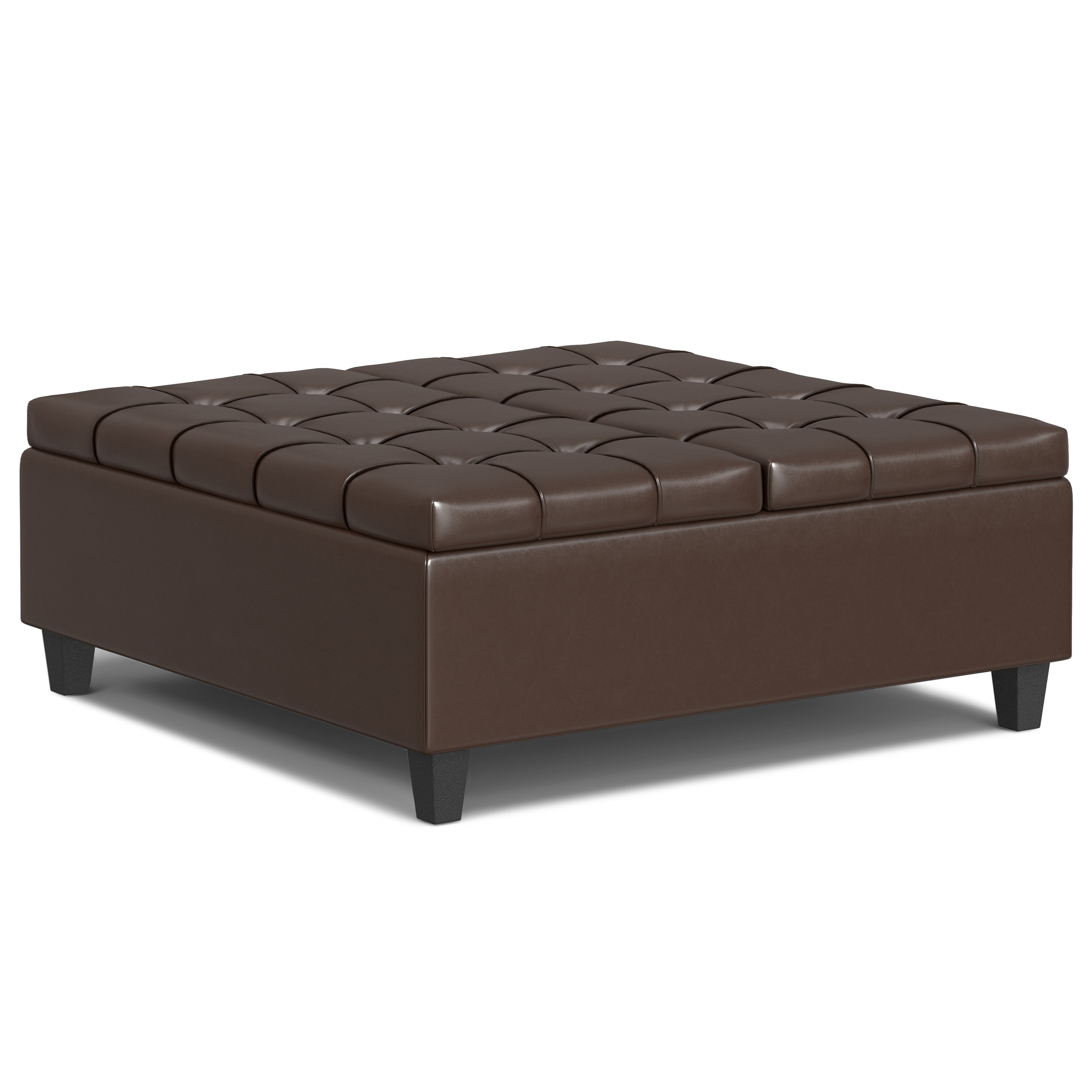 Simpli Home Harrison 40 inch Wide Transitional Square Large Coffee Table Storage Ottoman in Chocolate Brown Vegan Faux Leather