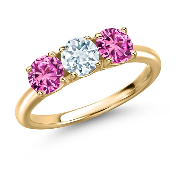 Gem Stone King 10K Yellow Gold Sky Blue Aquamarine and Pink Created Sapphire Engagement Ring for Women | 1.60 Cttw | Round 5MM | Gemstone March Birthstone | Size 6