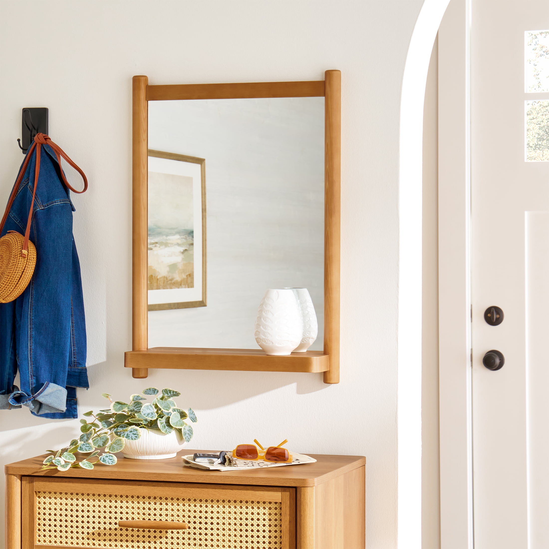 Better Homes & Gardens Craftsman Solid Wood Wall Mirror with Shelf, 21.5 x 30 in, Natural Finish