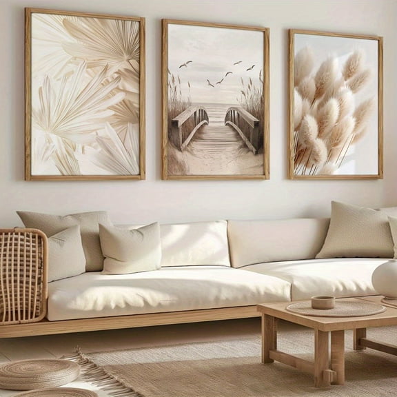 3pcs/Set Beige Bohemian Plants And Seaside Wooden Bridge Wall Art Canvas Prints for Living Room Bedroom Bathroom Office Hallway Kitchen Wall Decor Home Decor Gift Unframed