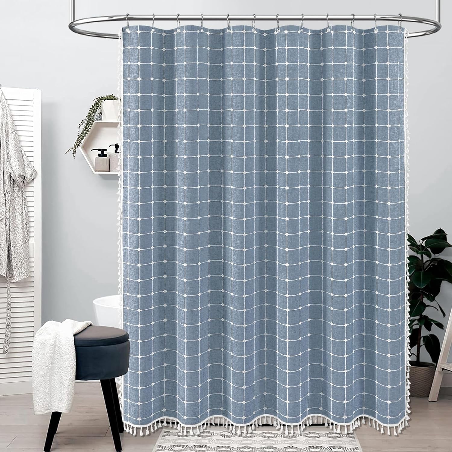 Boho Farmhouse Shower Curtain Set with Tassel - Linen Rustic Heavy Duty Fabric, Water Repellent, Modern Bohemian French Country Thick Bathroom Shower Curtains - Cream/Beige, 72x72