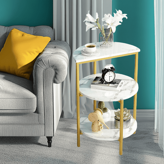 Modern End Table, 3-Tier Faux Marble Side Table for Living Room, Small Round Coffee Table with Gold Metal Frame, Bedside Tables Nightstand for Living Room, Bedroom, Small Spaces, White and Gold