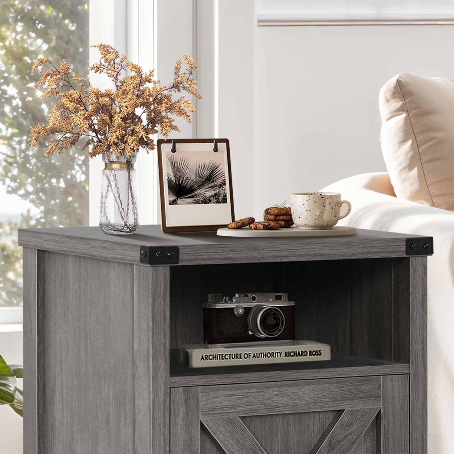 4 Ever Rustic Wood Bedside Night Stands, Set of 2, Farmhouse Style, Grey Wash