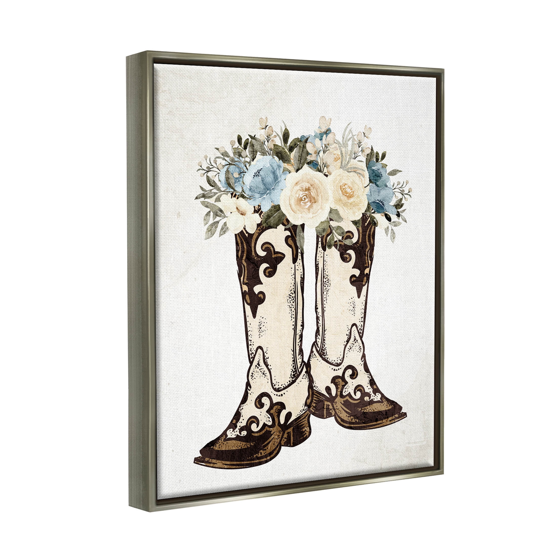 Cowboy Boot Mixed Flower Bouquet Botanical & Floral Graphic Art Luster Gray Framed Art Print Wall Art