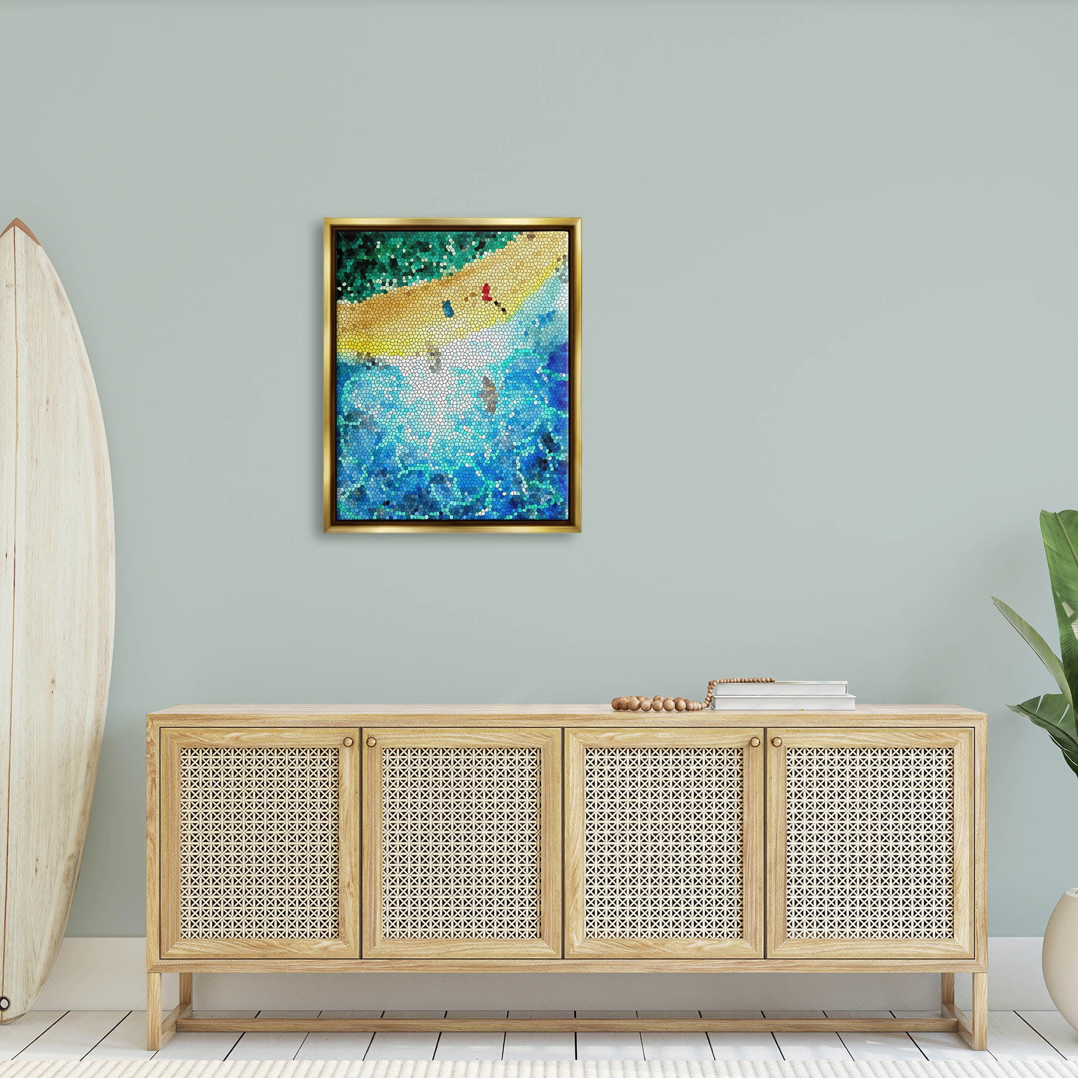 Modern Mosaic Pattern Beach Coastal Graphic Art Metallic Gold Framed Art Print Wall Art