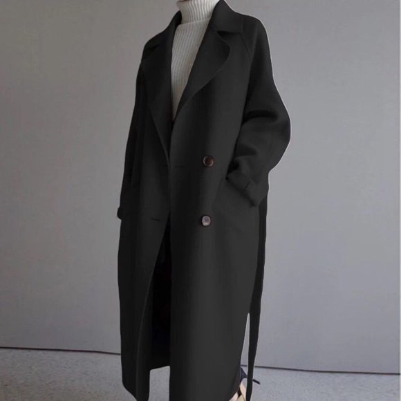 Baberdicy Women's Mid-Length Wool Trench Coat, Oversize Lapel Belted Blend Jacket for Elegant Outwear , Mid-Length Wool Coat, Belted Trench Overcoat, Petite Winter Jacket Black Xl