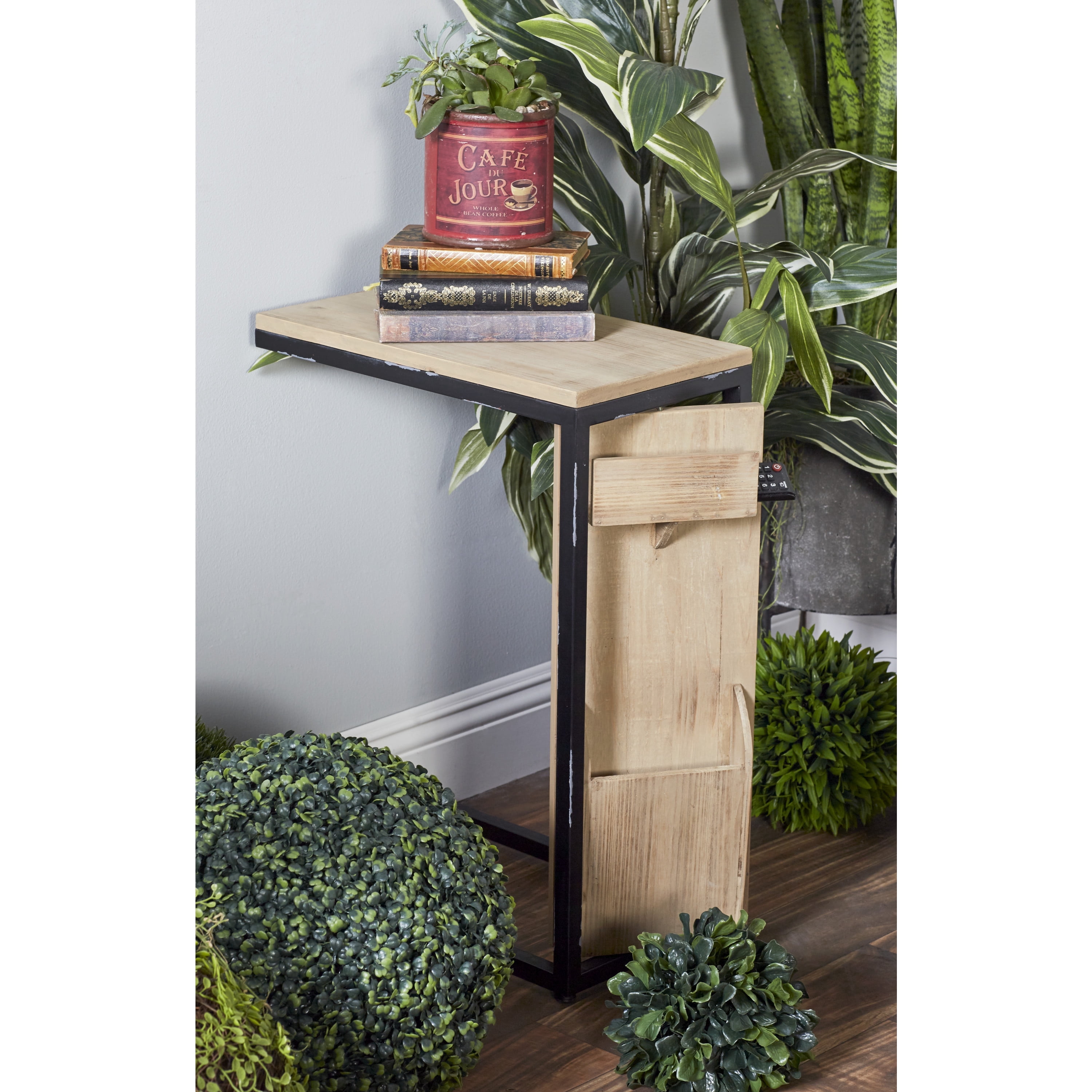 DecMode Wood Industrial C Shaped Accent Table with Storage Slots and Light Brown Finish, 20"W x 24"H