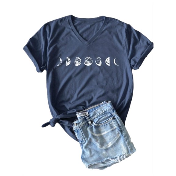 V-Neck Moon Print Women Short Sleeved T-Shirt