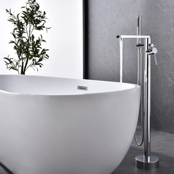 Dawot Freestanding Bathtub Faucet, 2 Function Brass Chrome Tub Filler Chrome Floor Mount Brass, Single Handle Bathroom Faucets with Hand Shower
