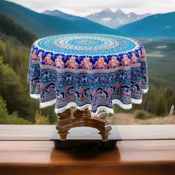 Art Deco Traditional Blue On Multi -Colour Floral Design Edges White Lace Cotton Round table cloth 80"x80"In