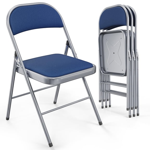 Folding Chairs Set of 4, Heavy Duty Metal Frame Fabric Padded Seat and Back Support, 350 lbs Capacity Portable Stackable Chairs, for Party Wedding Conference Dining Room Office Use, Blue