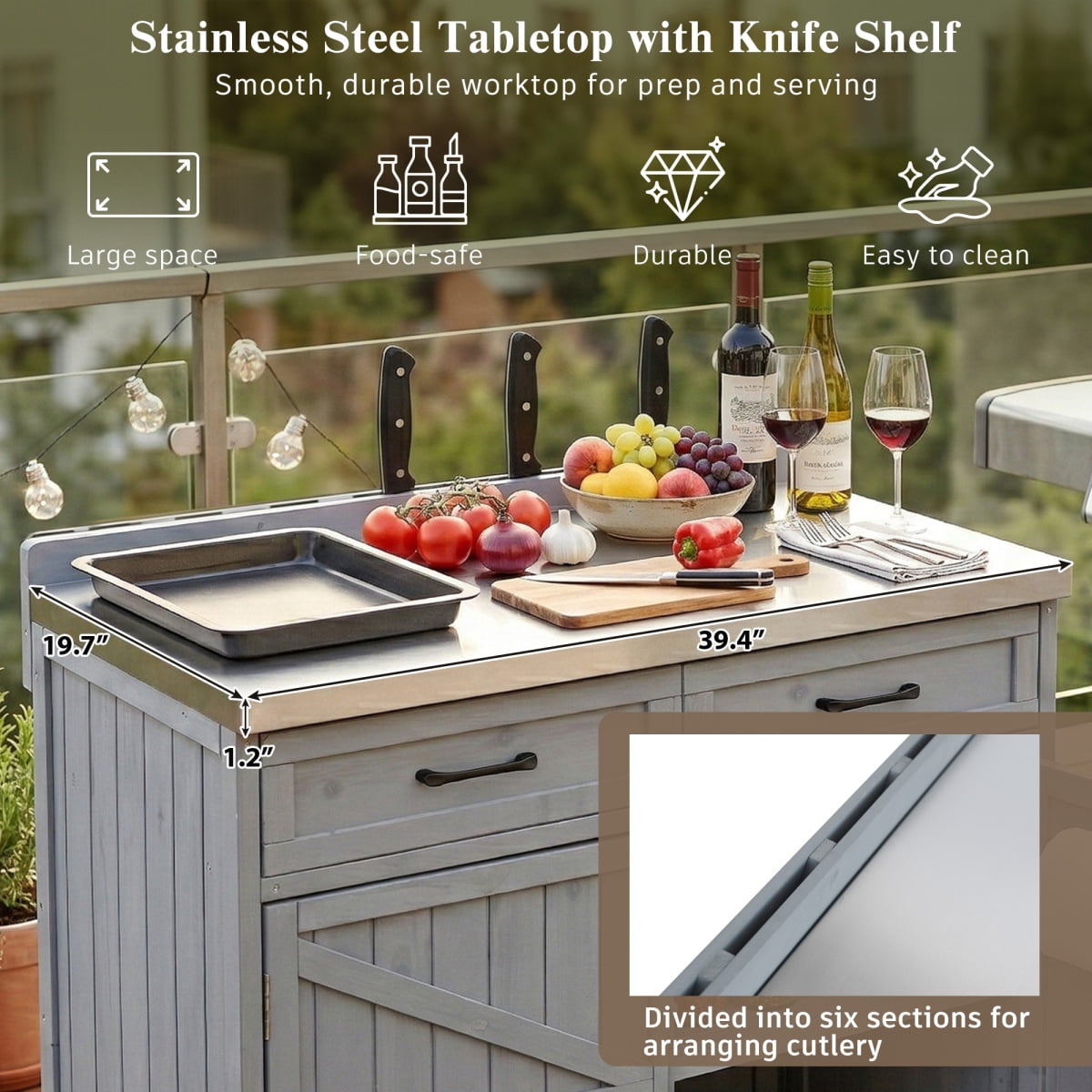 39.4" Outdoor Kitchen Island with Stainless Table Top, Outdoor Storage Kitchen Cabinet with One Large Drawer, Adjustable Shelves, Internal Storage Racks & 4 Wheels for Pizza Prep, Grey Blue