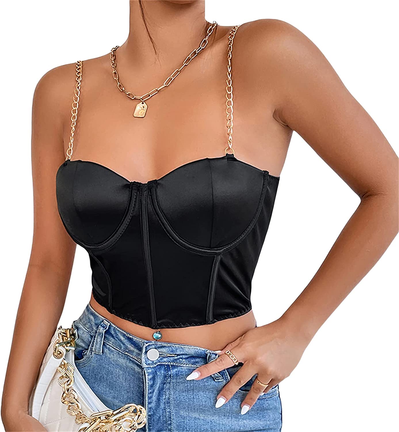 Women Lace Corset Tops Aesthetic Lace Patchwork Cami Top Sleeveless V Neck  Spaghetti Strap Crop Top Bustier（B-Brown，Large） at  Women's Clothing  store