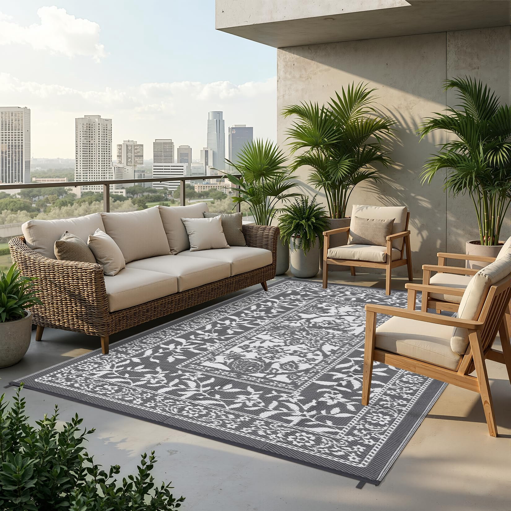 Soonbuy 10x20 FT Outdoor Rug, Waterproof Reversible Plastic Straw Outdoor Patio Rug, Botanical Grove Vintage Cottage Outdoor Area Rug Carpet for RV, Deck, Picnic, Beach, Backyard