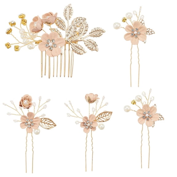 5Pcs Pink Bridal Flower Hair Pins Combs Accessories Jewelry Kit Multi Style Exquisite Gold Floral Leaf Pearl Crystal Twist Barrette Pin