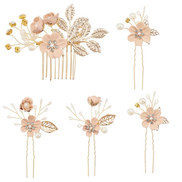 5Pcs Pink Bridal Flower Hair Pins Combs Accessories Jewelry Kit Multi Style Exquisite Gold Floral Leaf Pearl Twist Barrette Pin for Women Brides Bridesmaid Prom Party Hairstyles