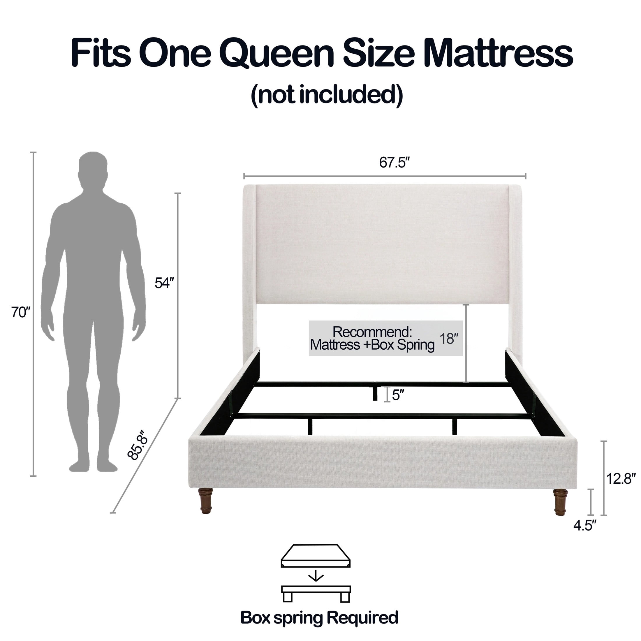 Noble House Hayden Queen Upholstered Bed Frame, 54" Tall Chenille Headboard with Curved Wingback, Ivory