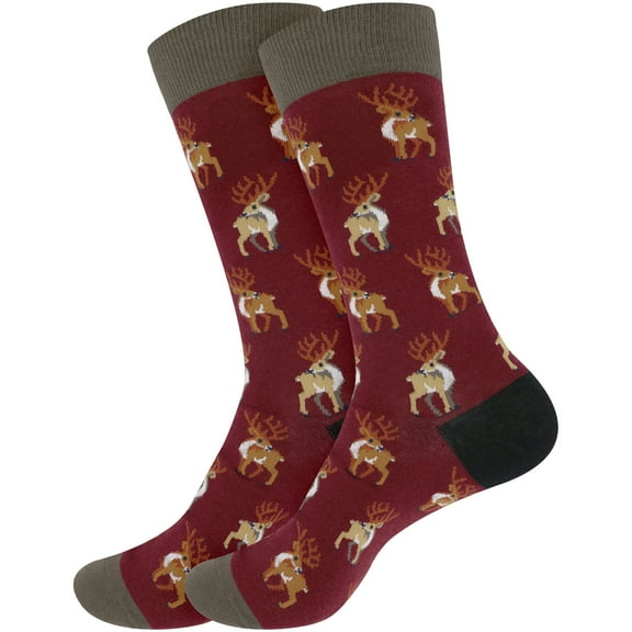 BambooMN Men's Christmas Crew Socks - Cotton Novelty Holiday Designs - Reindeer - 2 Pairs