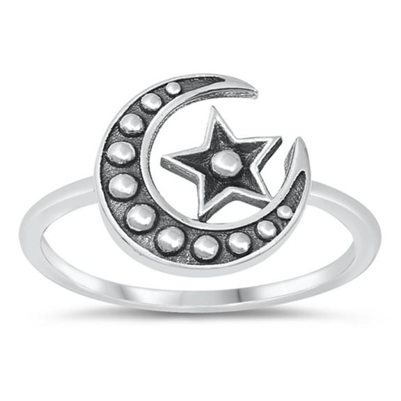 Classic Oxidized Moon Star Bali Style Sterling Silver Ring 925 Jewelry Female Male Unisex Size 7
