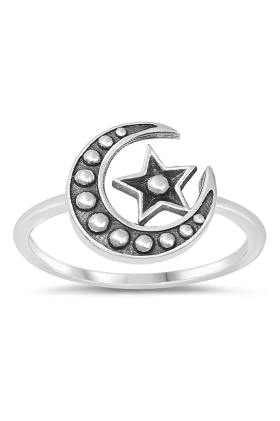Classic Oxidized Moon Star Bali Style Sterling Silver Ring 925 Jewelry Female Male Unisex Size 9