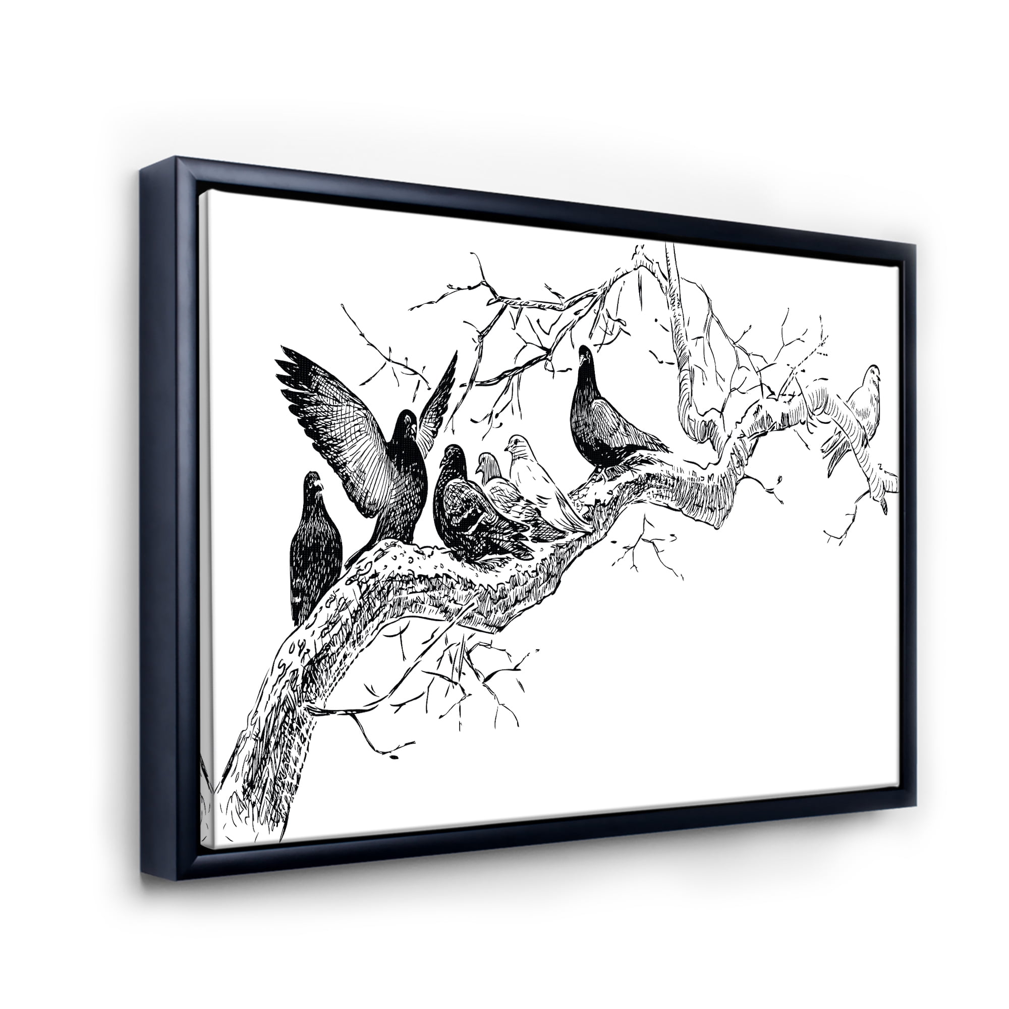 Pigeons Sitting On The Tree Branch 20 in x 12 in Framed Painting Canvas Art Print, by Designart