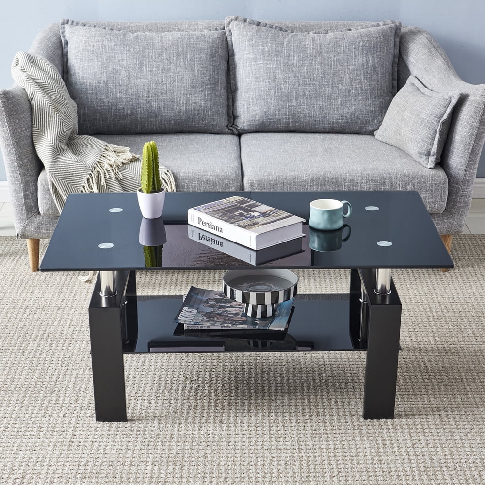 Kepooman Modern Glass Rectangle Center Table with Lower Shelf, Black Kepooman Modern Glass Rectangle Center Table with Lower Shelf, Black