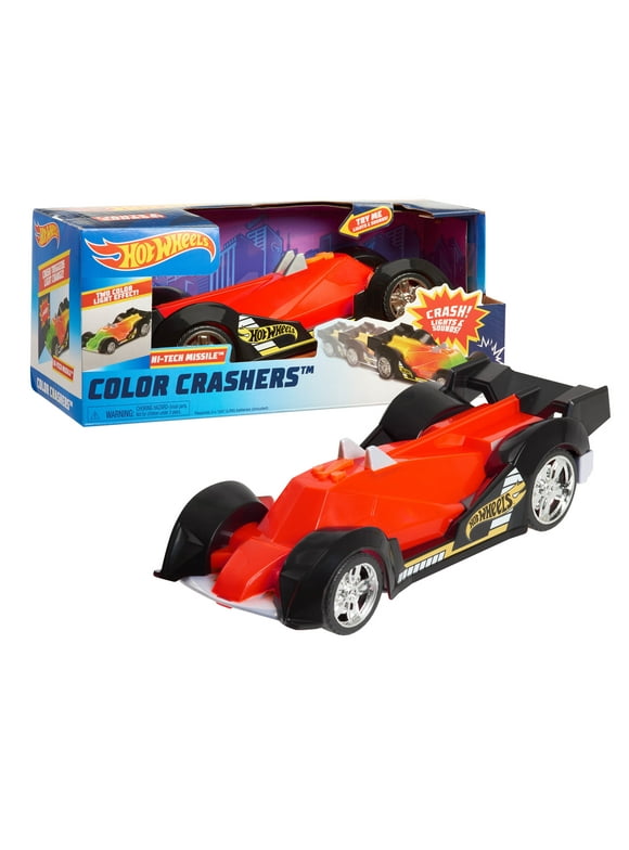 Hot Wheels Color Crashers Hi-Tech Missile, Motorized Toy Car with Lights & Sounds, Red