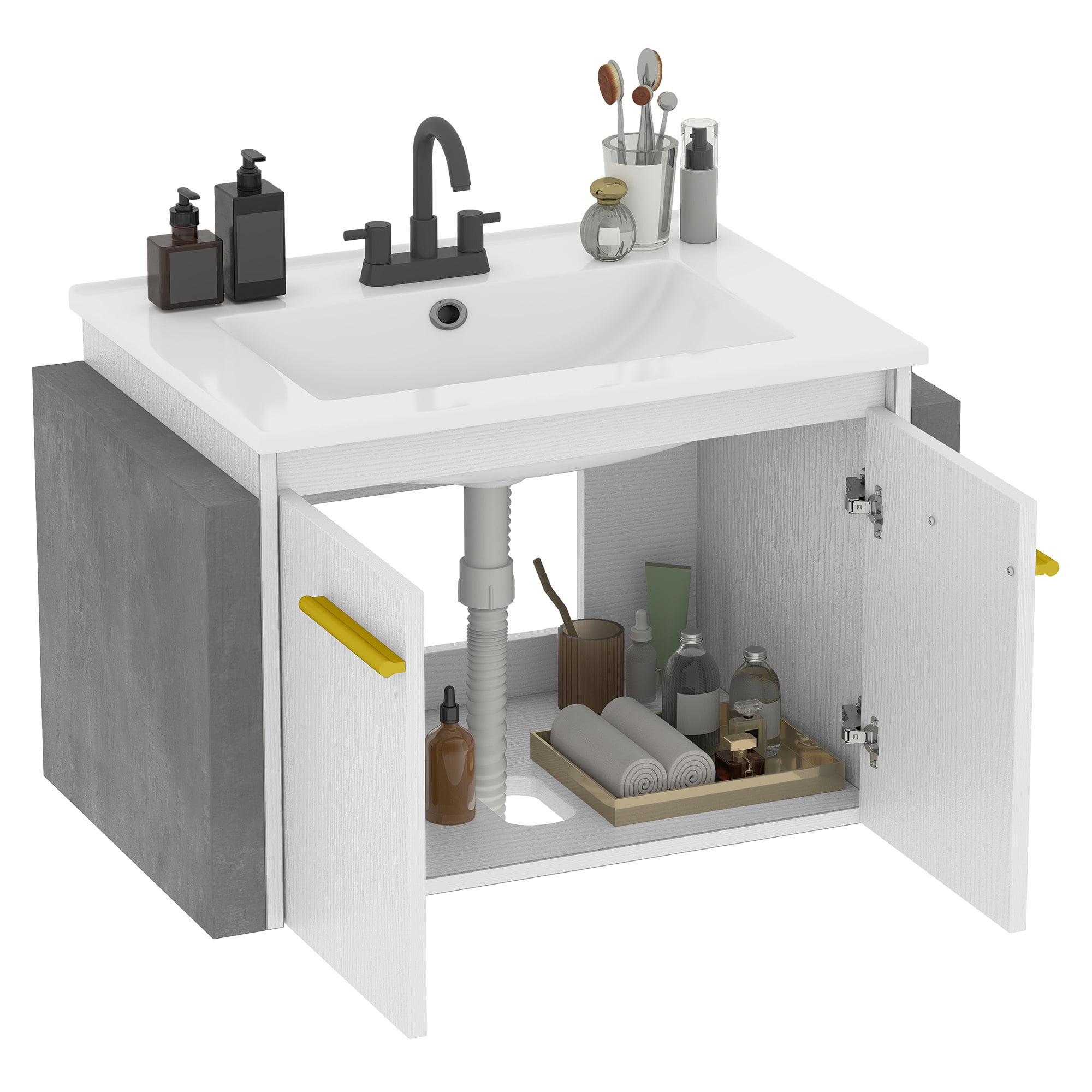 Uforic 24 Inch Floating Bathroom Vanity with Sink, Wall Mounted Modern Bathroom Vanity Cabinet with Double Extra Large Doors, White