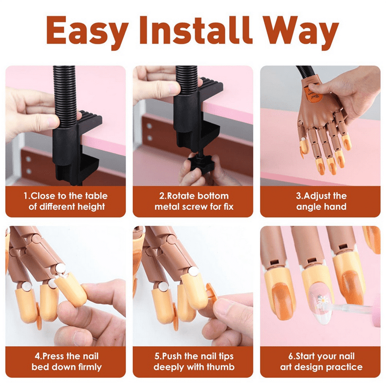 Uñas Acrílicas Práctica Flexible Mano Falsa, Kits de Dedos Ajustables para Entrenamiento de Uñas, Uñas Postizas con 200 Puntas de Uñas