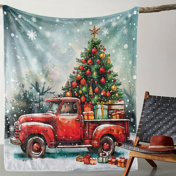 Cozy Flannel Christmas Blanket with Vintage Red Truck & Tree Design - Soft, Warm Throw for Couch, Bed, Car, Office, Camping - Versatile All-Season Gift
