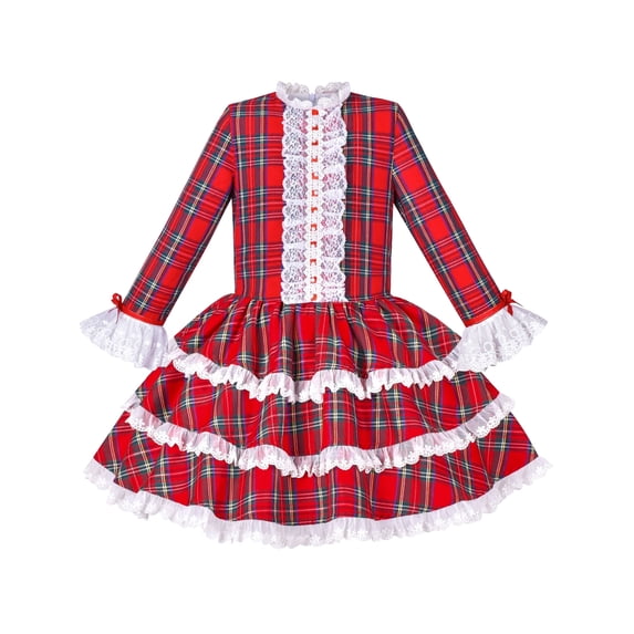Girls Dress Red Checkered Lace Ruffle Skirt Long Sleeve Christmas 4 Years