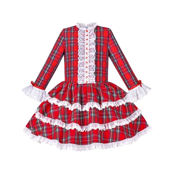 Girls Dress Red Checkered Lace Ruffle Skirt Long Sleeve Christmas 4 Years