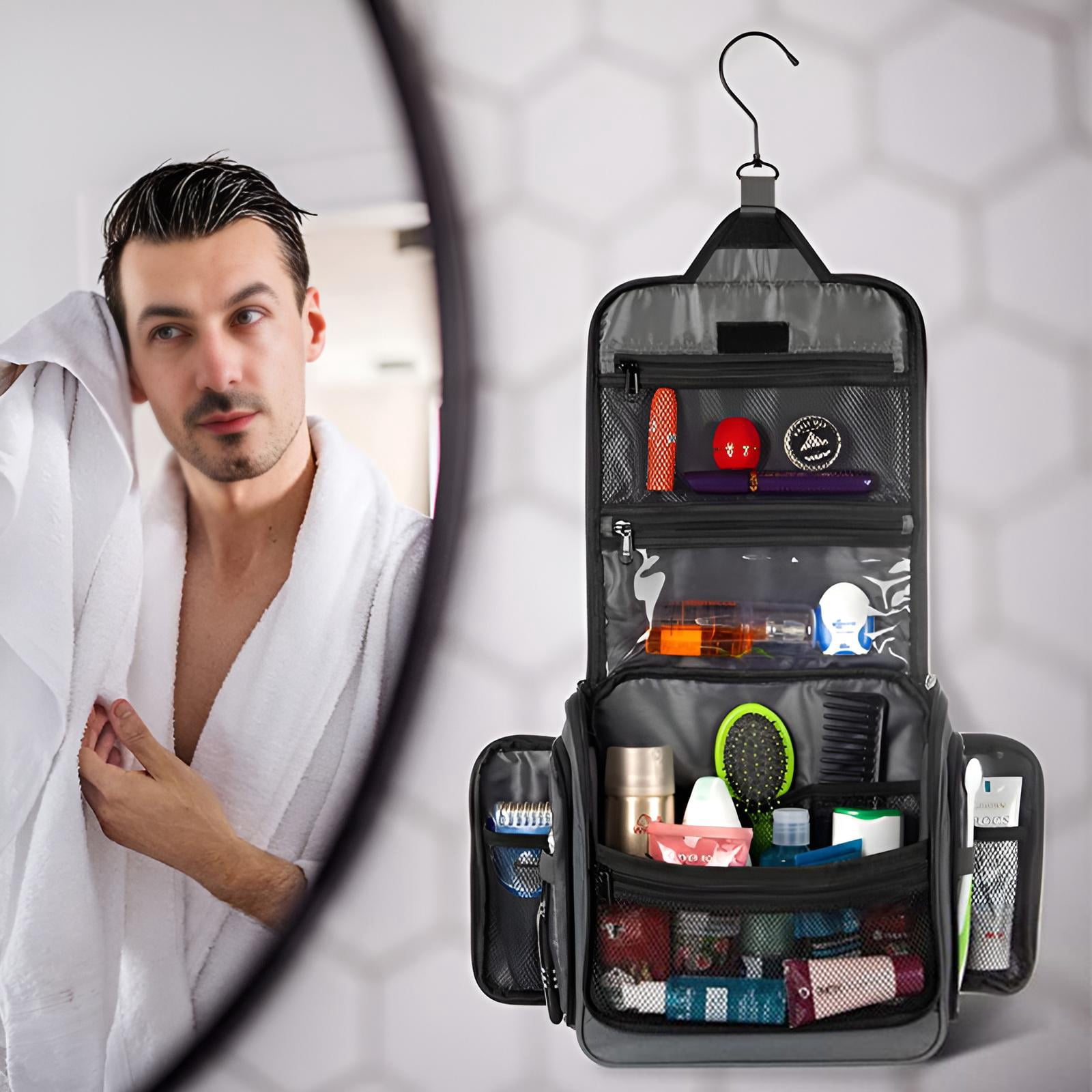 INSMART Travel Toiletry Bag for Men and Women, Waterproof Large Capacity Makeup Bag, Hanging Foldable Makeup Organizer, Full-Size Containers