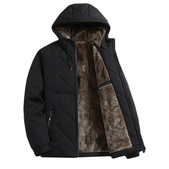 yardsong Thermal Coats for Men 2025 Casual Soft Hooded Puffer Coat Thick Fleece Lined Warm Outwear Winter Quilted Jacket with Pockets Black,XXXL