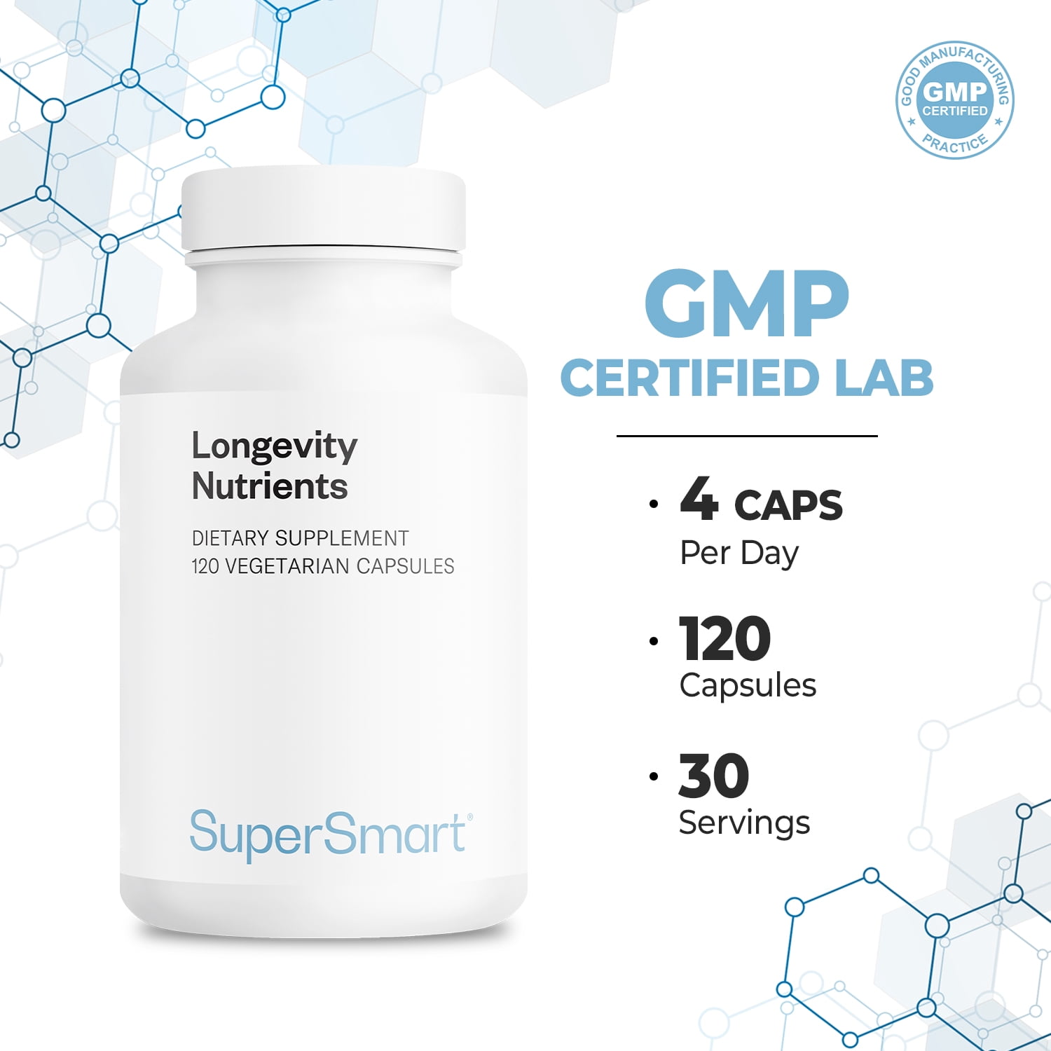 SuperSmart Longevity Nutrients (Advanced Formula) - 6-in-1 Complex - with Reishi, L-Theanine, Centrophenoxine, Apple Polyphenols | Non-GMO & Gluten Free - 120 Vegetarian Capsules