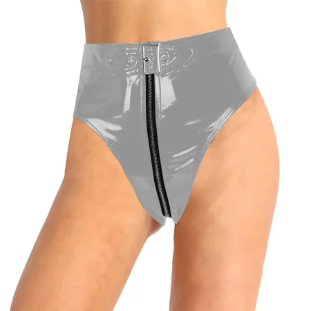 Lockable PVC Leather Panties Mens Underwear Faux Leather Zipper Briefs Women High Waist Sexy Lingerie 7XL