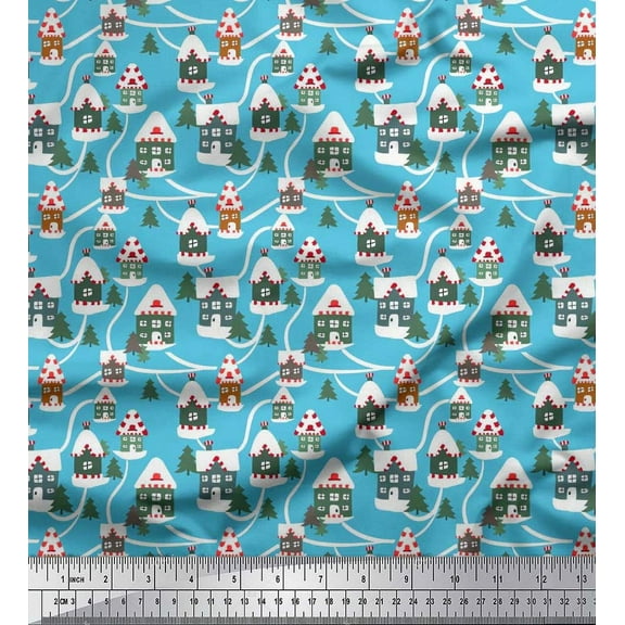 Soimoi Cotton Voile Fabric Tree & House Architectural Print Fabric by Yard 42 Inch Wide