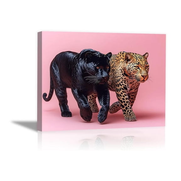 Mudket Black Panther & Leopard Walking on Pink Background Canvas Wall Art, Modern Wildlife Canvas Art for Living Room Bedroom Print for Office Home Decor , Framed Ready to Hang - 12"L x 8"W