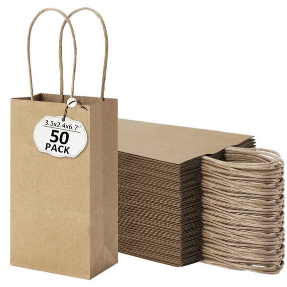 BagDream 50 Pack Mini Brown Gift Bags with Handles Kraft Paper Bag for Party Favors, Wedding, Retails, Birthday, Baby Showers, 3.5x2.4x6.7 inches