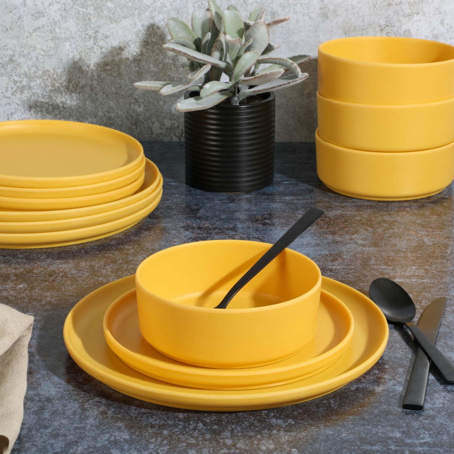 Gibson Home Crest 12 Piece Stackable Matte Melamine Dinnerware Set - Yellow Gold
