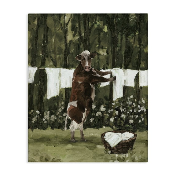 Stupell Industries Brown Cow Doing Laundry Bath & Laundry Painting Wrapped Canvas Art Print Wall Art, 16 x 20
