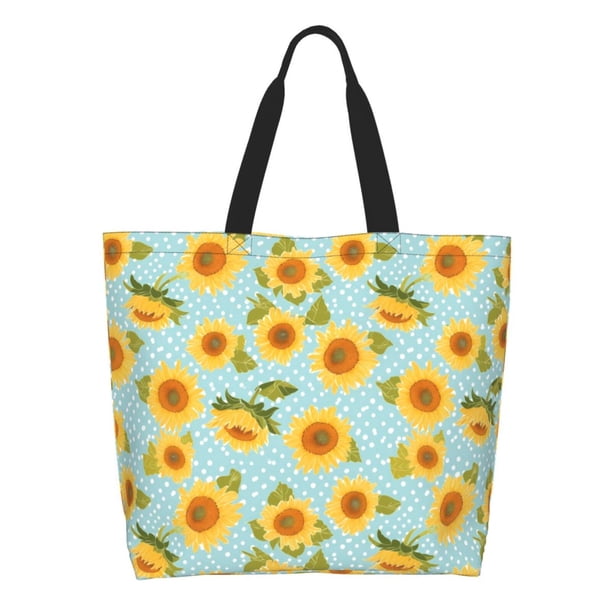 Fotbe White Polka Dot Sunflower A Bolsa Tote Estética de Lona con Estampado para Mujer - Bolsa Reutilizable de Hombro Casual para Vacaciones, Compras, Trabajo y Gimnasio