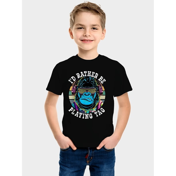 Boys' Black T-Shirt - Fun Cartoon Gorilla Design with "I'd Rather Be Playing TAG" Graphic, Breathable Short Sleeve Crew Neck Tee for, Perfect for Casual Playtime, Spring Summer Tee | Vibrant Shirt |