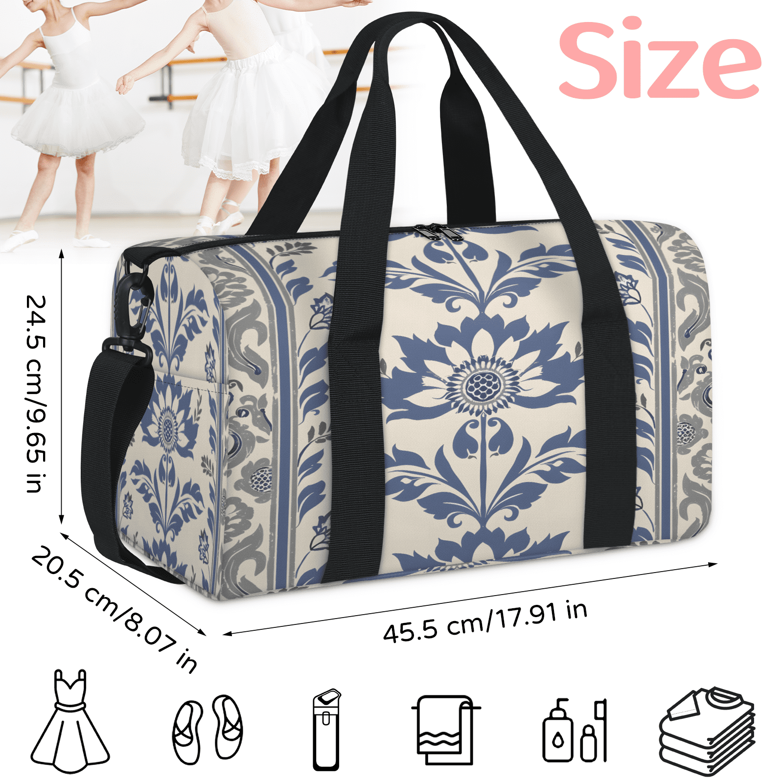 Herdesigns Vintage Flower Travel Duffle Bag Sports Yoga Weekender Overnight Carry on Workout Bags Lightweight Waterproof Gym Tote Bag for Women Floral