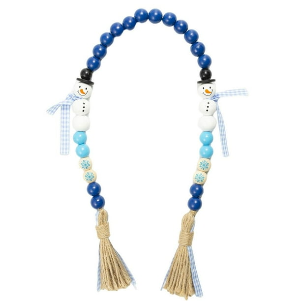 Guirnalda de cuentas de madera natural con borla de yute, decoración rústica de cuentas de madera, Navidad Azul