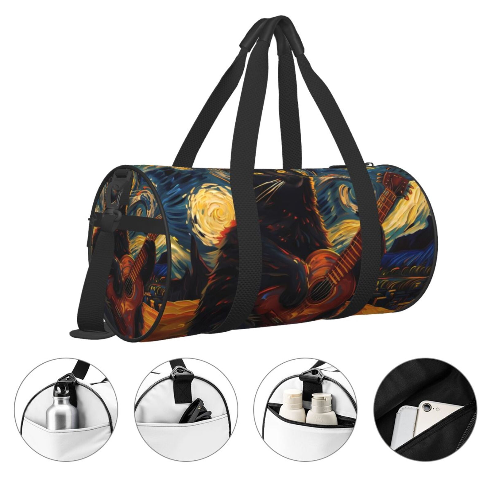 Vsdgher Starry Night Cat Guitarist 45L Foldable Duffel Bag, Sports Gym Bag,Overnight Bag, Portable Weekender Bag for Airplanes