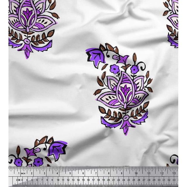 Soimoi Polyester Crepe Fabric Leaves & Floral Block Printed Fabric 1 Yard 52 Inch Wide