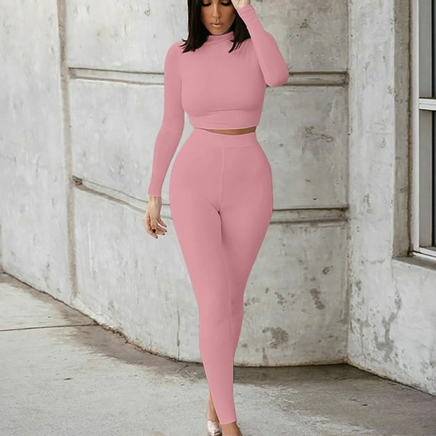 Puntoco Tops De Cuello Redondo De Manga Larga De Color Casual para Mujer Pantalones De Cintura Alta Trajes Deportivos Liquidación Puntoco Puntoco-4193