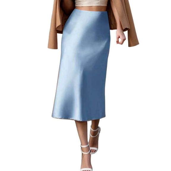 HJYCHN Women's Straight Solid Midi Skirt Elegant Slim Fit Daily Wear Casual Spring Fall Season Blue S